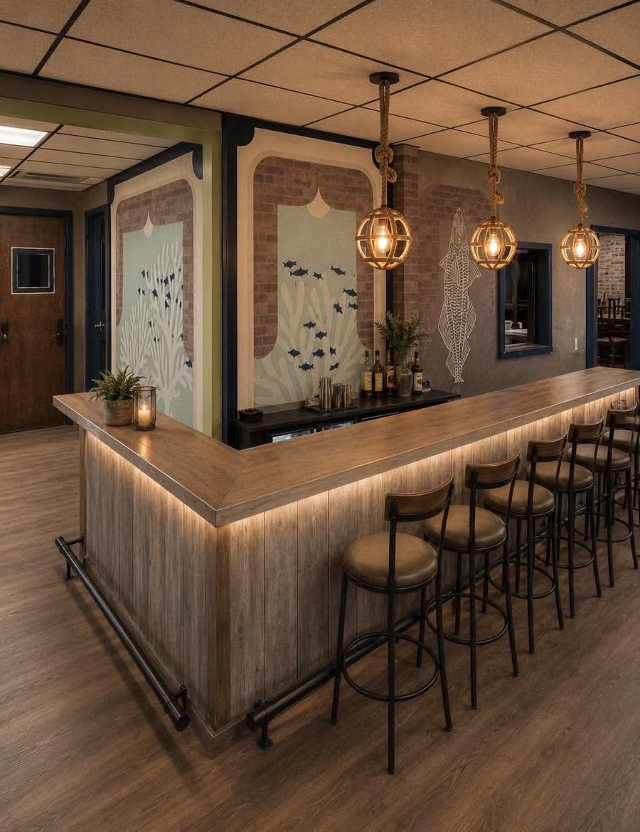 The finished bar — wood-wrapped counter, pendant lights and mural backdrop