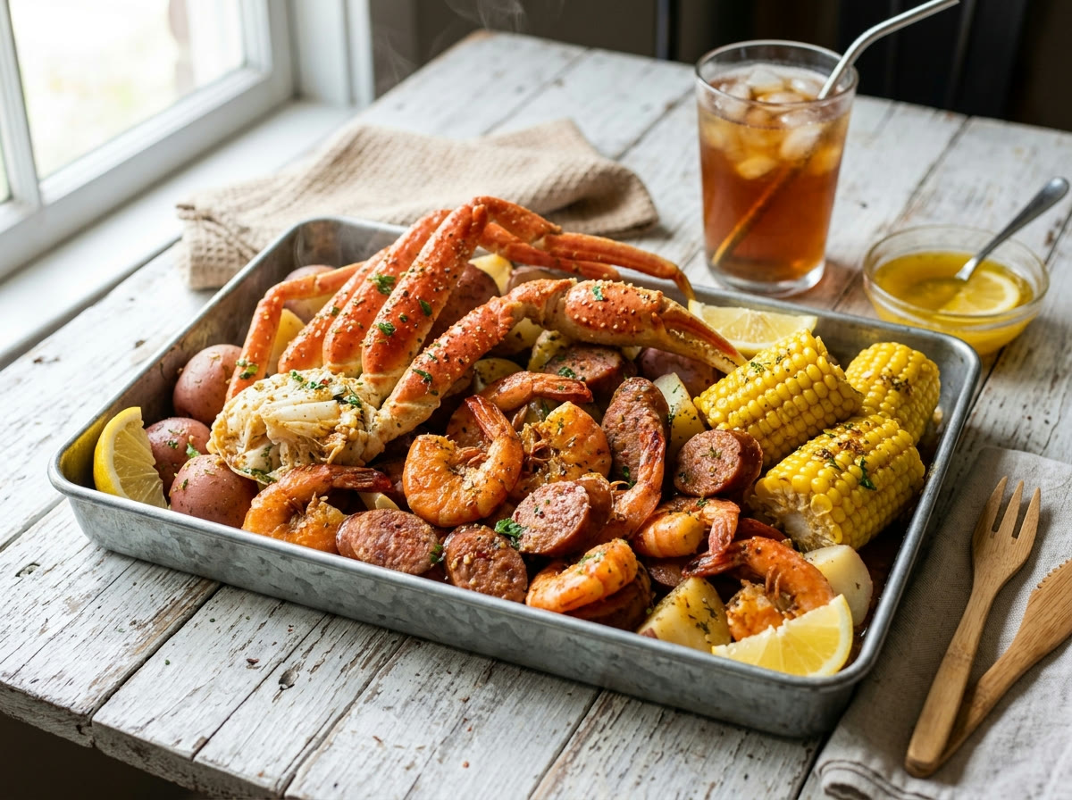 The Captain — snow crab legs, shrimp and sausage tray
