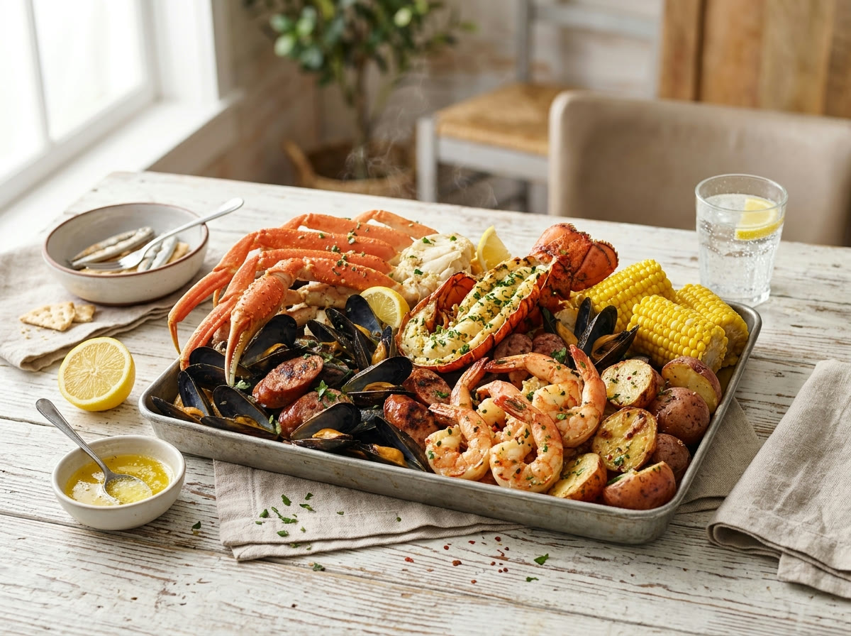 The Crabby Feast — snow crab, lobster tail, shrimp and mussels platter