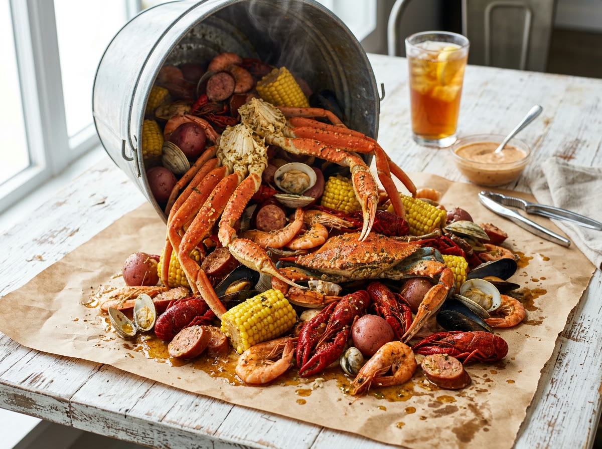 The Family Bucket — overflowing boil bucket of crab, shrimp, crawfish, clams and mussels