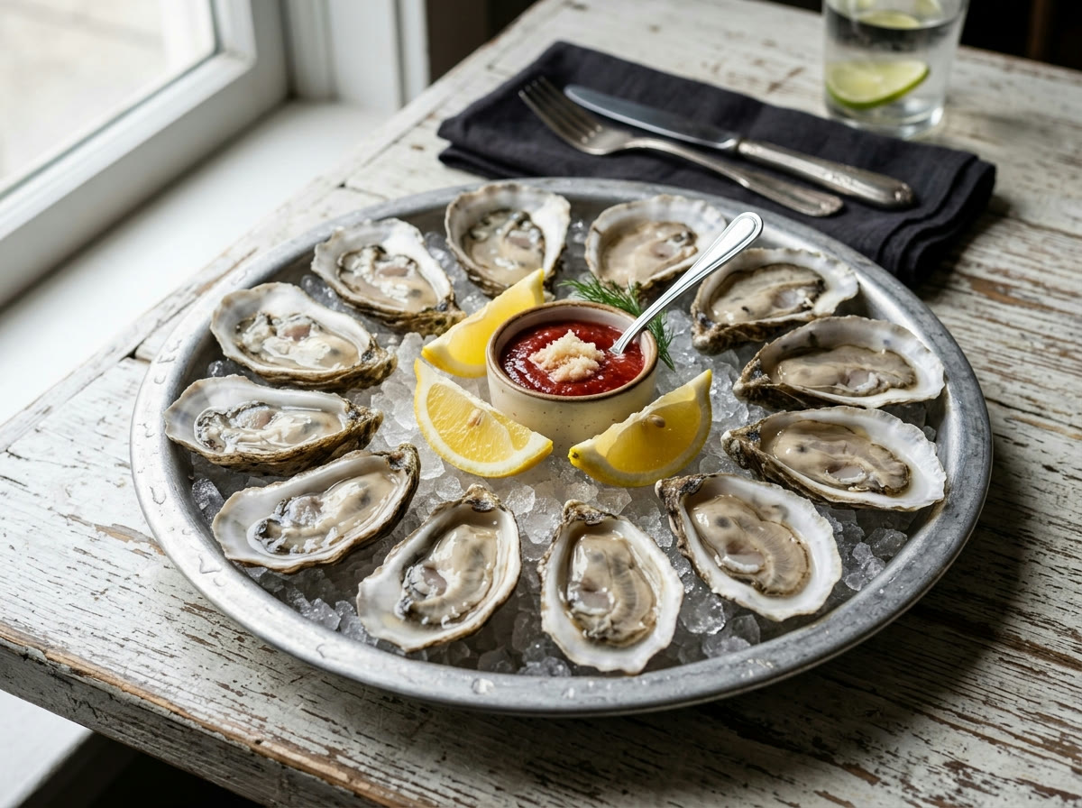 Raw oysters on the half shell over crushed ice with lemon and cocktail sauce