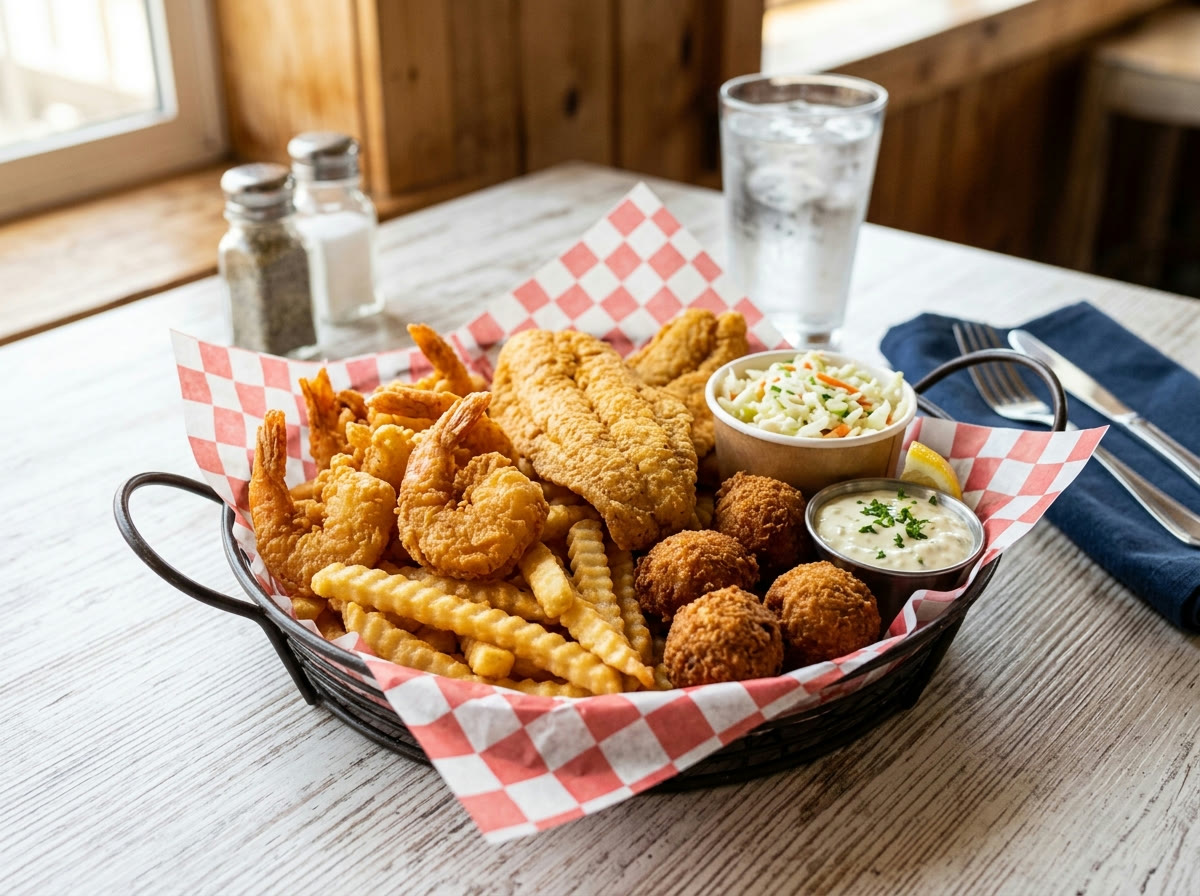 Fried seafood basket with shrimp, catfish, fries and hush puppies