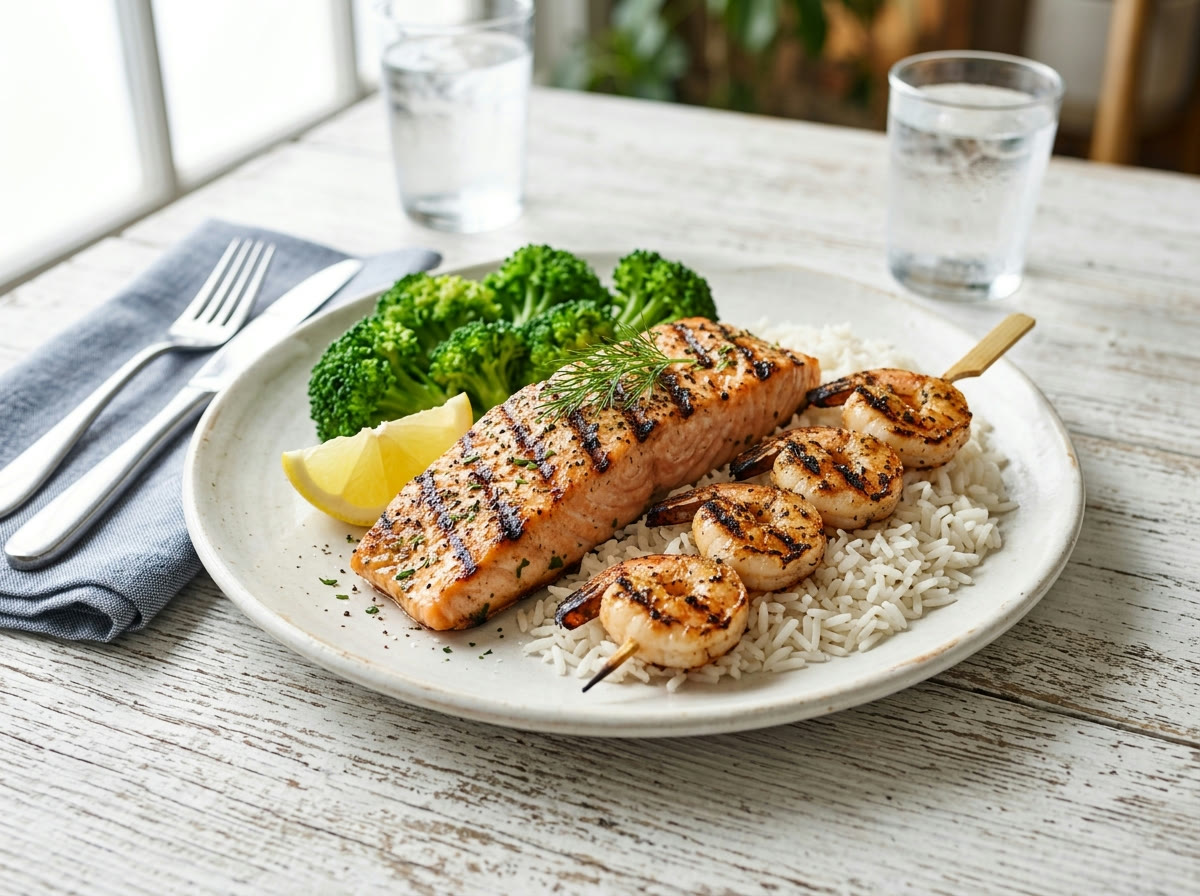 Chargrilled salmon and shrimp over rice with broccoli