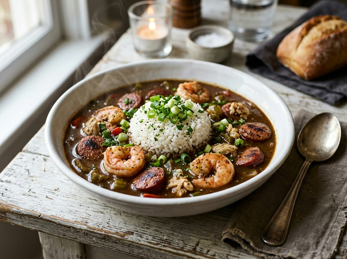 Seafood gumbo with shrimp, crab and sausage over rice