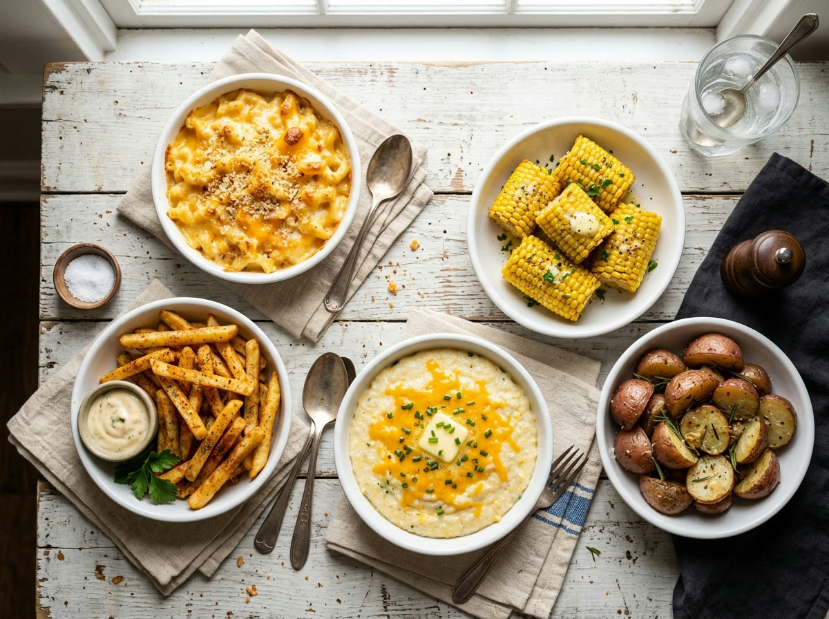 Spread of Southern sides — mac and cheese, cajun fries, grits, corn and red potatoes